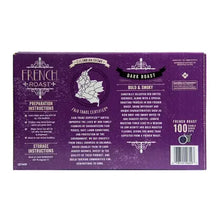 Single-serve coffee cup pack back panel with French roast details and barcode