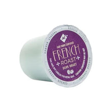 Single-serve coffee cup with purple French roast lid, dark roast