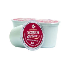 White single-serve coffee pods with red Colombian Supremo label, Medium-Dark Roast