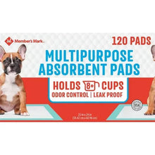 Multipurpose absorbent training pad package with dog on front, 120 pads, leak-proof