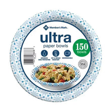 Ultra paper bowls package, round 150 count front with blue snowflake border and icons