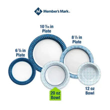 Paper plates and bowls size chart, blue and white Member's Mark Ultra design