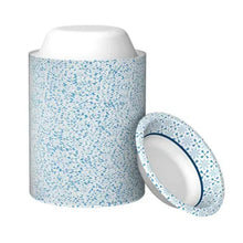 Paper soup bowl with matching lid, white exterior with blue speckled snowflake pattern
