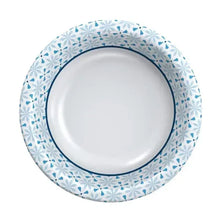 Single paper bowl with white base and blue snowflake rim pattern, inside view