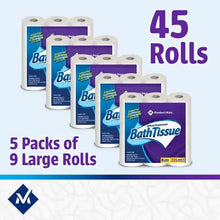 Bath tissue roll packaging showing multiple packs, 5 packs of 9 large rolls