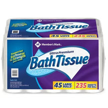 Bath tissue pack with blue and purple labels, 45 rolls, 235 sheets per roll