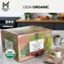 USDA Organic dark roast coffee pod box with 100 cups and two sealed pod discs