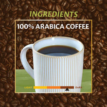 100% Arabica coffee cup with roast-level dark end indicator and beans background panel