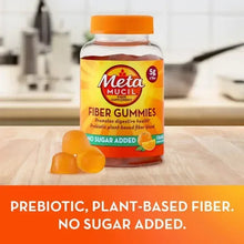 Metamucil Fiber Gummies jar with orange gummy pieces, no sugar added