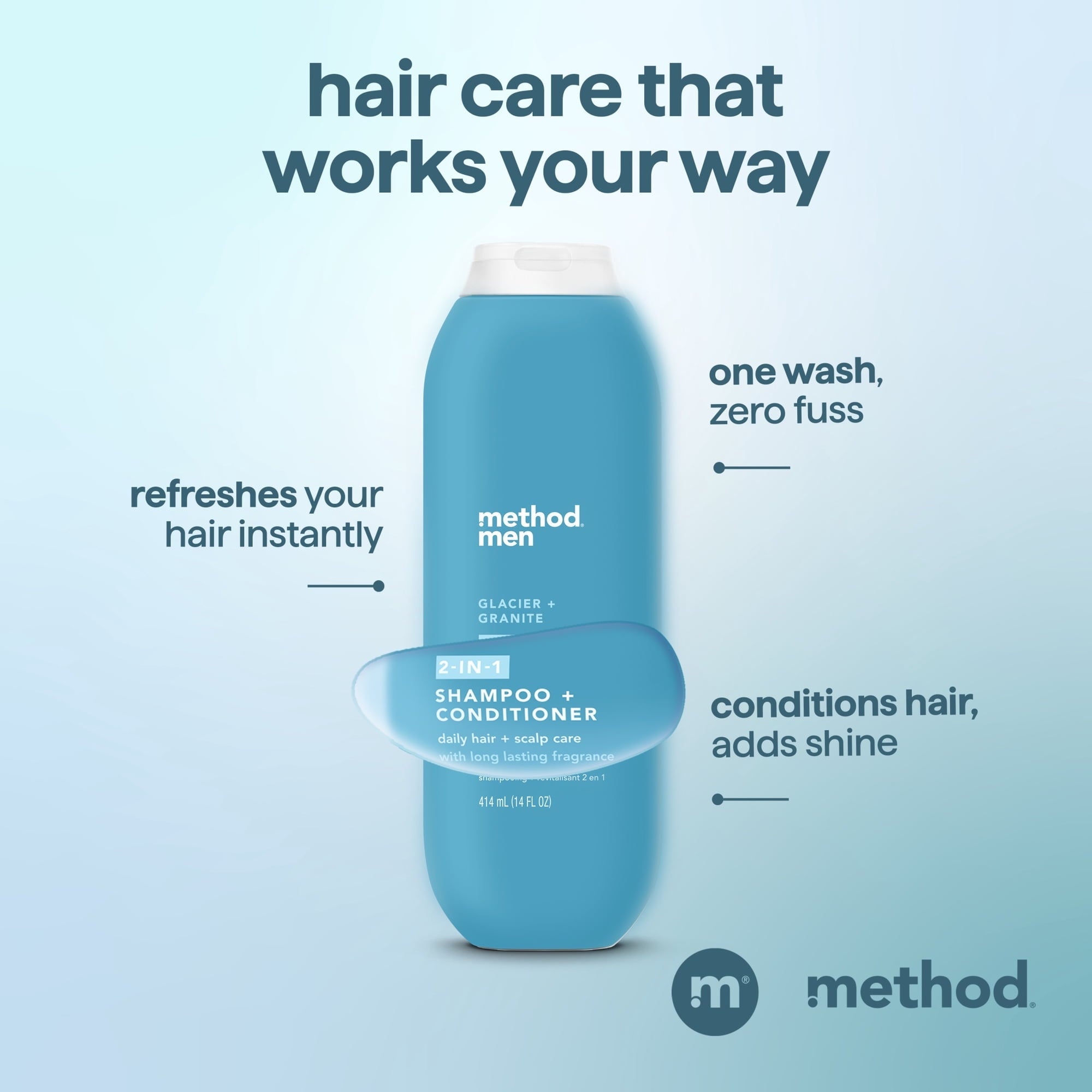 method Men 2-in-1 Shampoo and Conditioner, Glacier + Granite - Cleans and Conditions with Argan and Jojoba Oil - Made without Parabens - 14 fl oz  (PACK OF 3 )