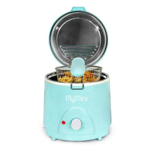 Aqua electric deep fryer with lid open and basket raised above the cooking chamber.