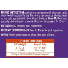 Dry cat food bag back panel with feeding instructions and guidelines
