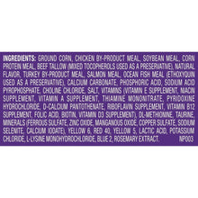 Dry cat food bag ingredients list text panel