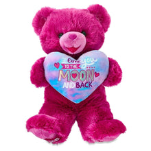 Pink teddy bear plush with pastel heart bib reading 'Love You To The Moon And Back'
