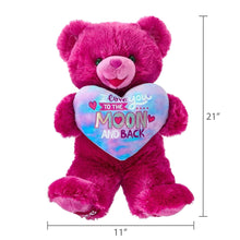 Pink teddy bear plush with pastel heart bib, shown 21 in tall