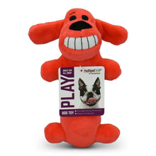 Orange smiling plush dog toy with squeaker, white-grin face and black nose