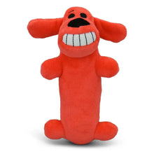 Orange smiling plush dog toy with squeaker, upright pose and striped white grin