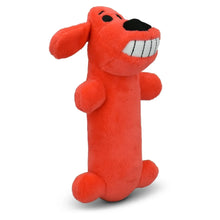 Orange smiling plush dog toy with squeaker, side view and open white striped grin