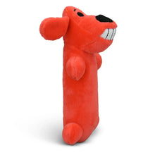 Orange plush dog toy with squeaker, angled side view with black snout detail