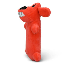 Orange plush dog toy with squeaker, rear side view with black snout detail