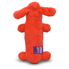 Orange plush dog toy with squeaker, back view with Multipet tag