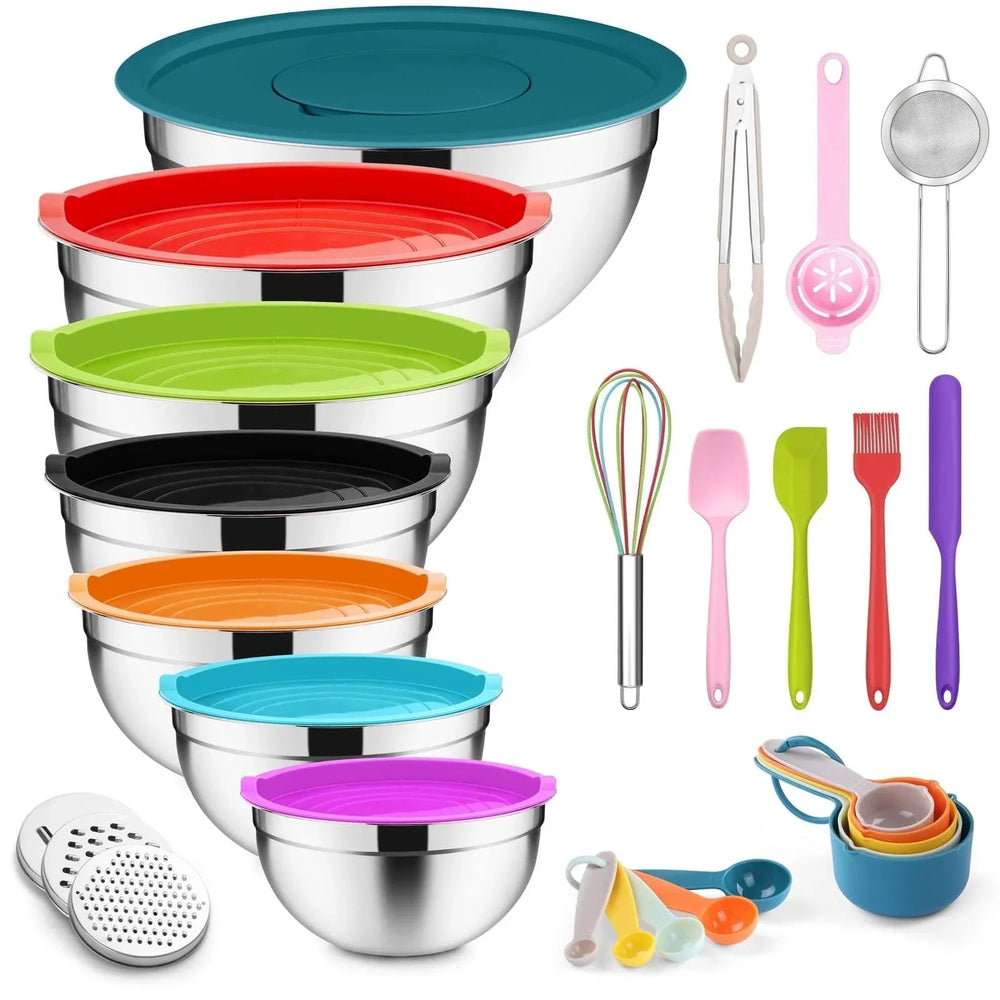 Mixing Bowls with Lids Set of 5, Vesteel Stainless Steel Mixing Bowls Metal Nesting Salad Bowls, Size 4.5, 3, 1.5, 1, 0.7 QT Great for Cooking, Baking, Serving - Blue - USA MEGA SHOP