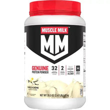 Vanilla whey protein powder tub with red lid and black Muscle Milk label