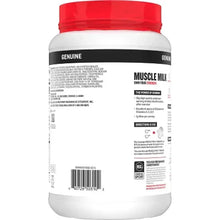 Vanilla whey protein powder tub, back label with red cap and white nutrition text