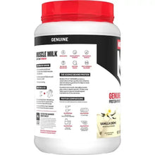 Vanilla whey protein powder tub, side label view with red cap and black panel