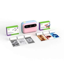 myFirst Insta 20 camera in pink and blue with thermal paper rolls and sample photo prints