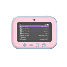 myFirst Insta 20 camera back view with settings screen, pink and blue