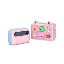 Kids instant thermal camera with blue body and pink illustrated carrying case