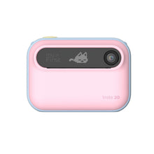 myFirst Insta 20 camera front view, pink body with blue trim and built-in lens