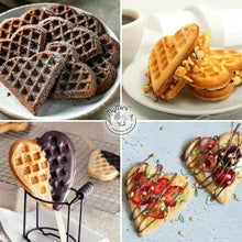 Heart-shaped waffles in assorted colors and toppings