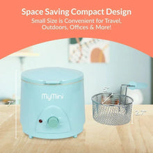 Aqua compact electric deep fryer with raised basket and side handle.