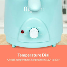 Aqua electric deep fryer with front temperature dial and control lights around it.
