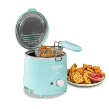 Aqua electric deep fryer with open lid, metal basket, and fried food on a plate.