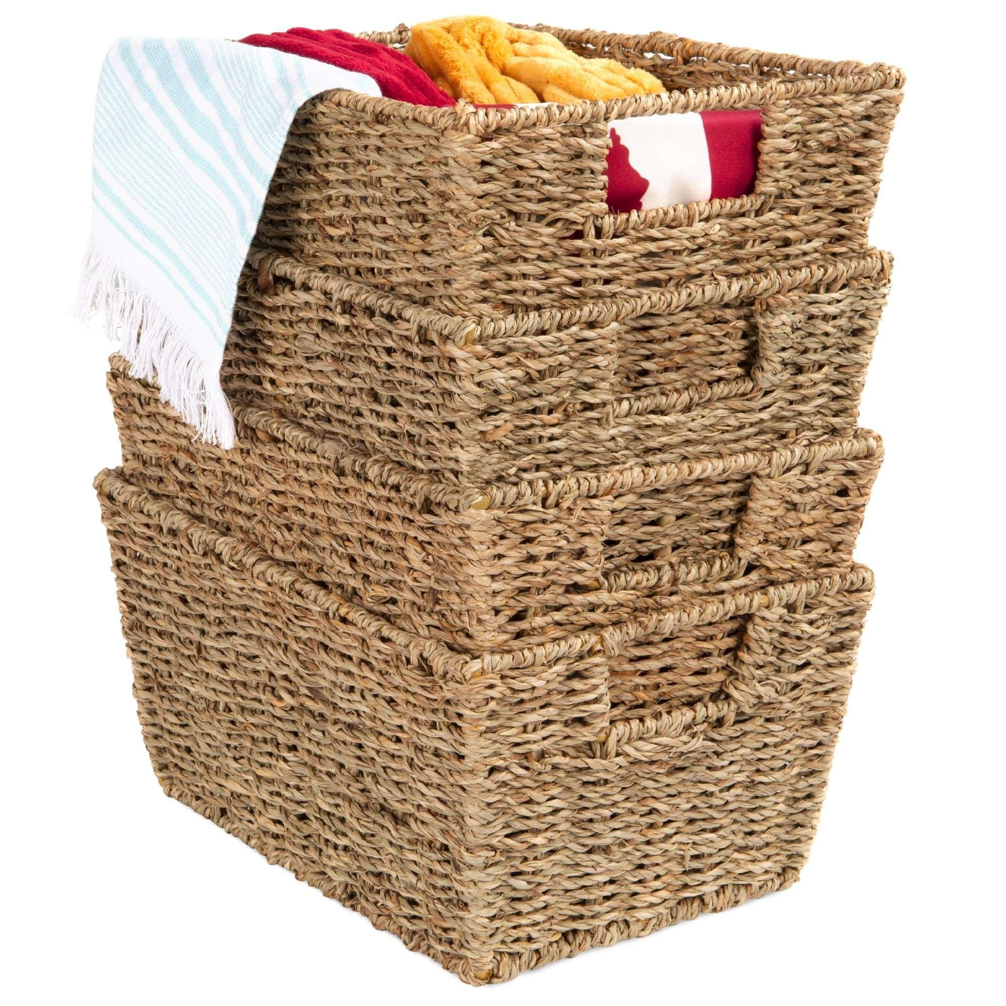 Best Choice Products Set of 4 Multipurpose Stackable Seagrass Laundry Organizer Tote Baskets w/ Insert Handles