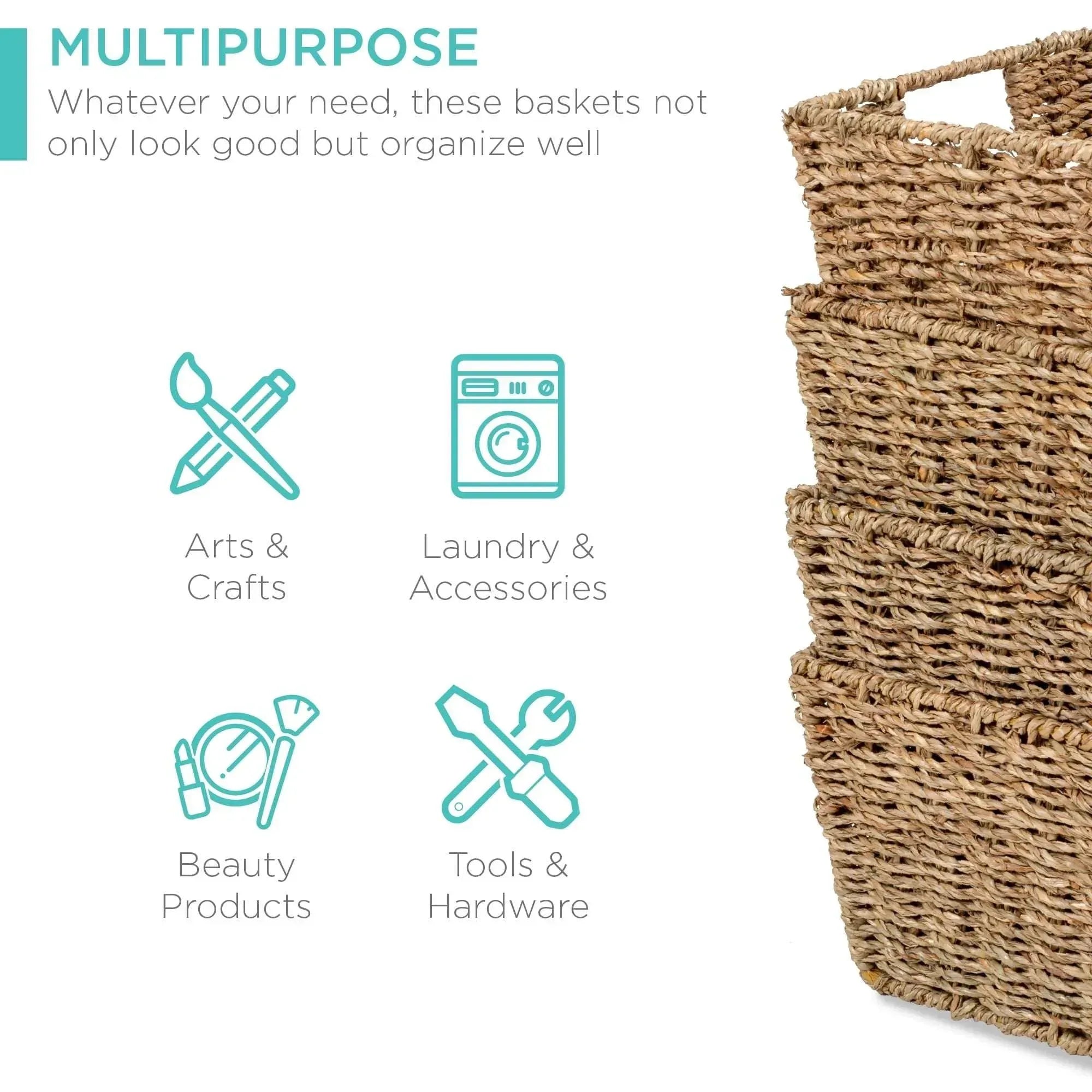 Best Choice Products Set of 4 Multipurpose Stackable Seagrass Laundry Organizer Tote Baskets w/ Insert Handles