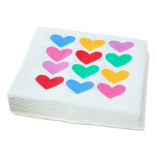 Folded stack of multicolor heart printed disposable lunch napkins