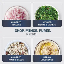 Food chopper prep guide with four bowls of chopped, minced, puree, and dips