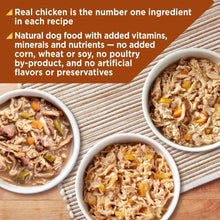 Three bowls of grain-free wet dog food with chicken and vegetables