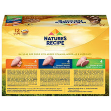 Back of grain-free variety pack box listing 4 cups each chicken recipe