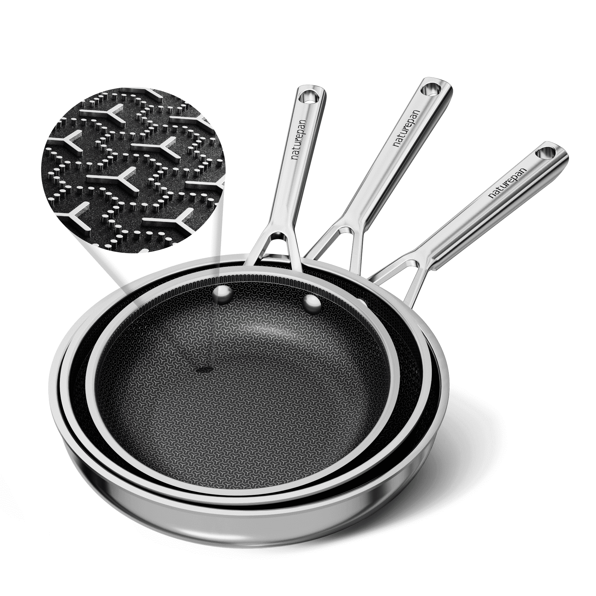 naturepan 3-Ply Hybrid Diamond-Titanium Ceramic Nonstick Frying Pan Set, 3-Piece (8,9.5” & 11”), Stainless Steel Pan, Dishwasher Safe & Oven Safe