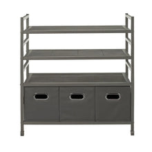 4-tier metal storage rack with gray fabric bins and three empty shelves