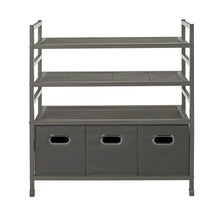 4-tier metal storage rack with gray fabric bins and three empty shelves