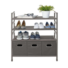 4-tier metal storage rack with gray fabric bins and three open shoe shelves