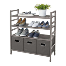 4-tier metal storage rack with gray fabric bins holding shoes on shelves