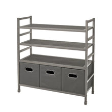4-tier metal storage rack with gray fabric bins and three horizontal shelves