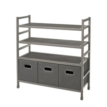 4-tier storage rack with three gray fabric bins and stacked shelf tiers